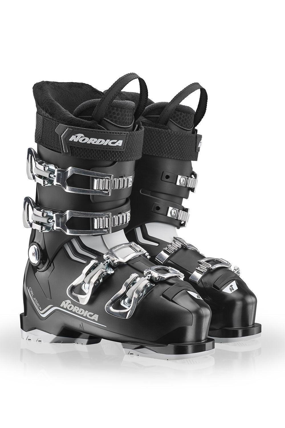 Pair of black Nordica ski boots on a white background