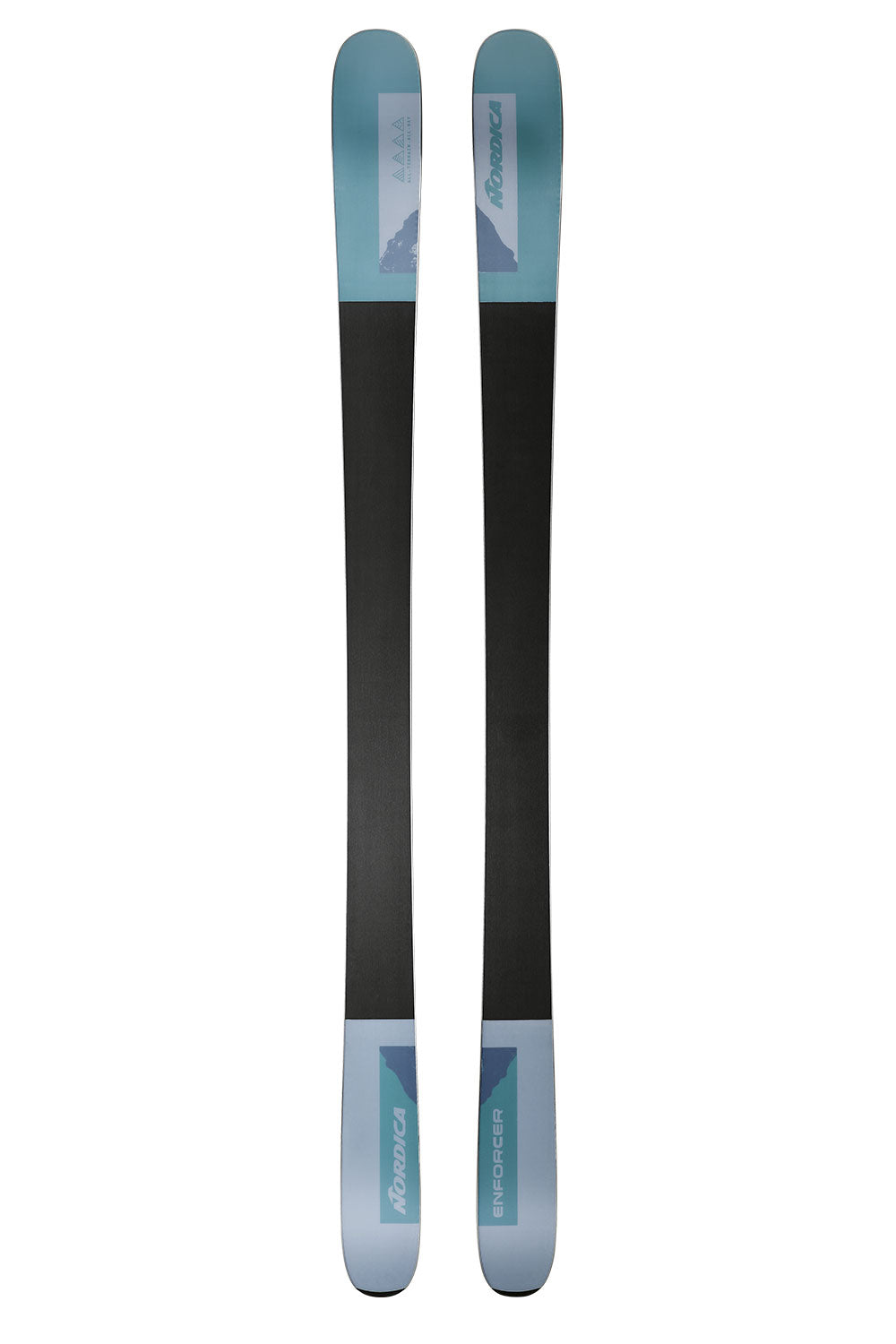 Two skis with a black and light blue design on a white background