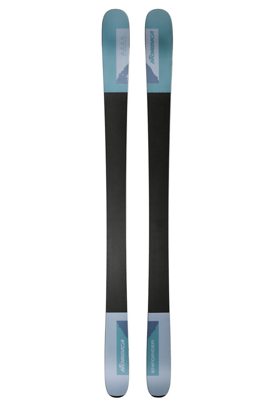 Two skis with a black and light blue design on a white background