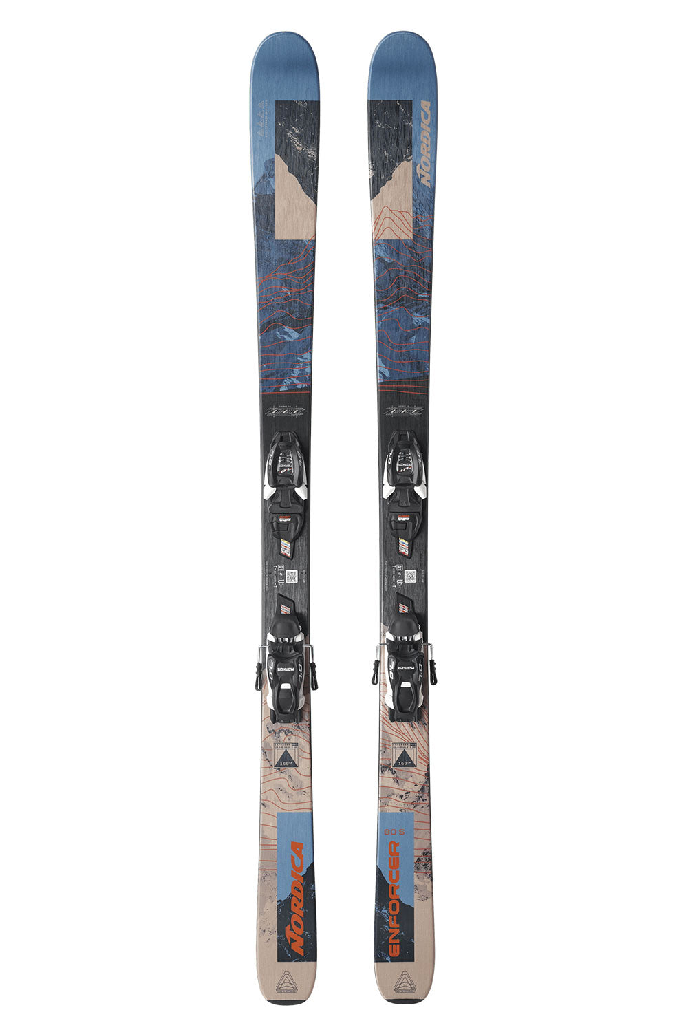 Pair of skis with bindings on a white background