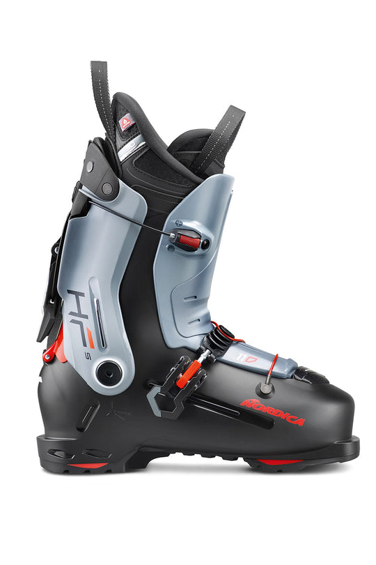 Black and gray ski boot with red accents on a white background