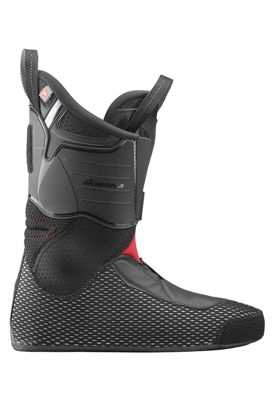 Black ski boot liner with red accents on a white background