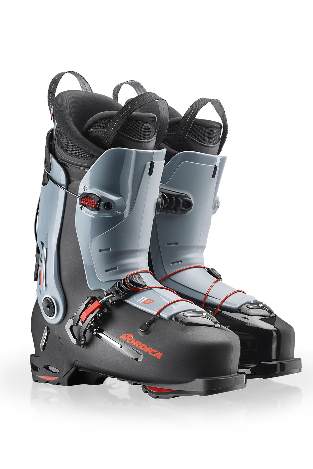 Pair of gray and black ski boots with visible branding on a white background