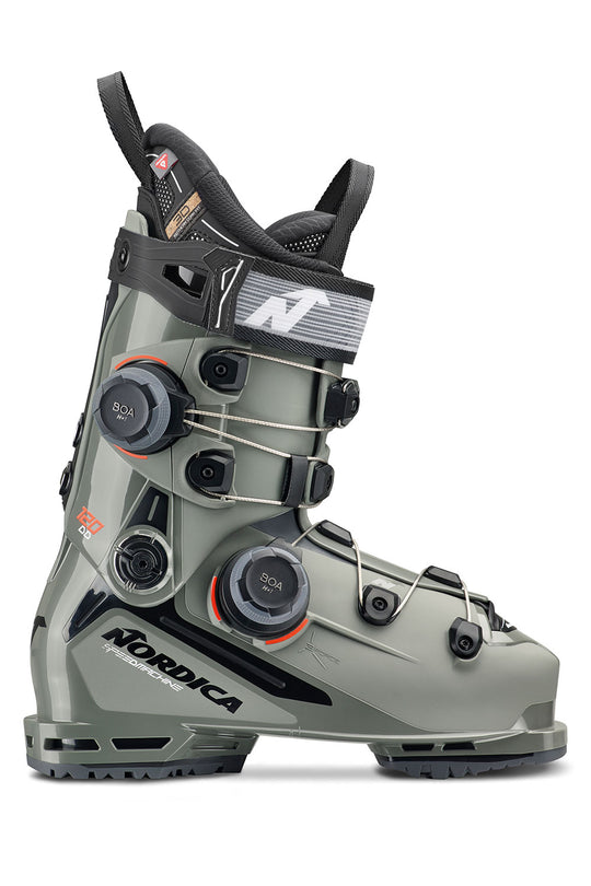 Gray ski boot with black and orange accents on a white background