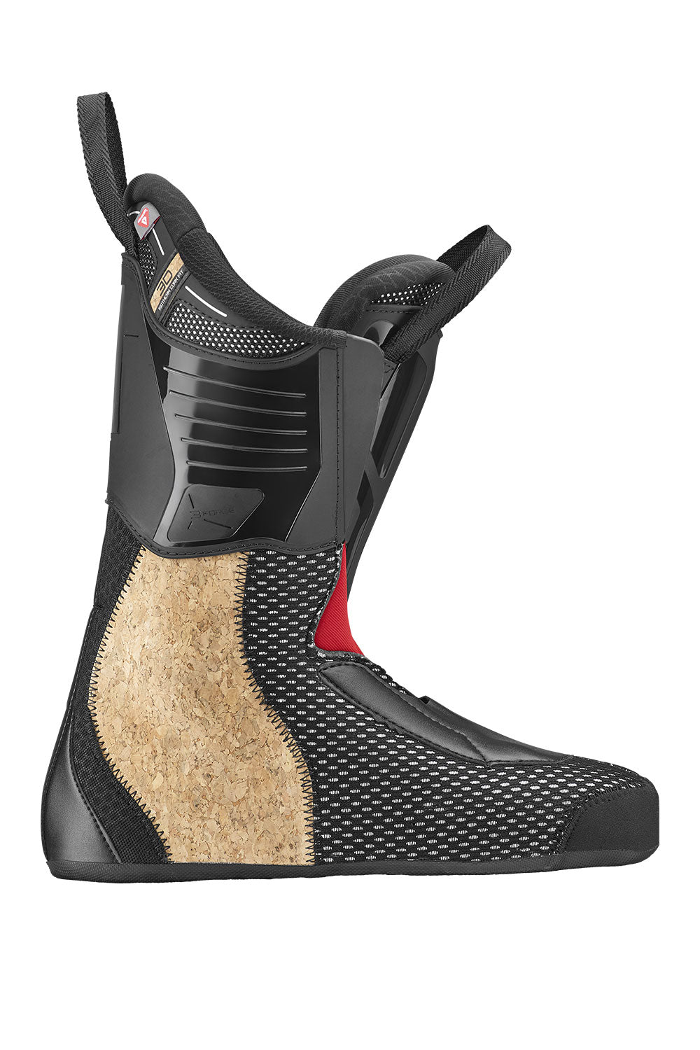 Black ski boot liner with cork-like material on a white background