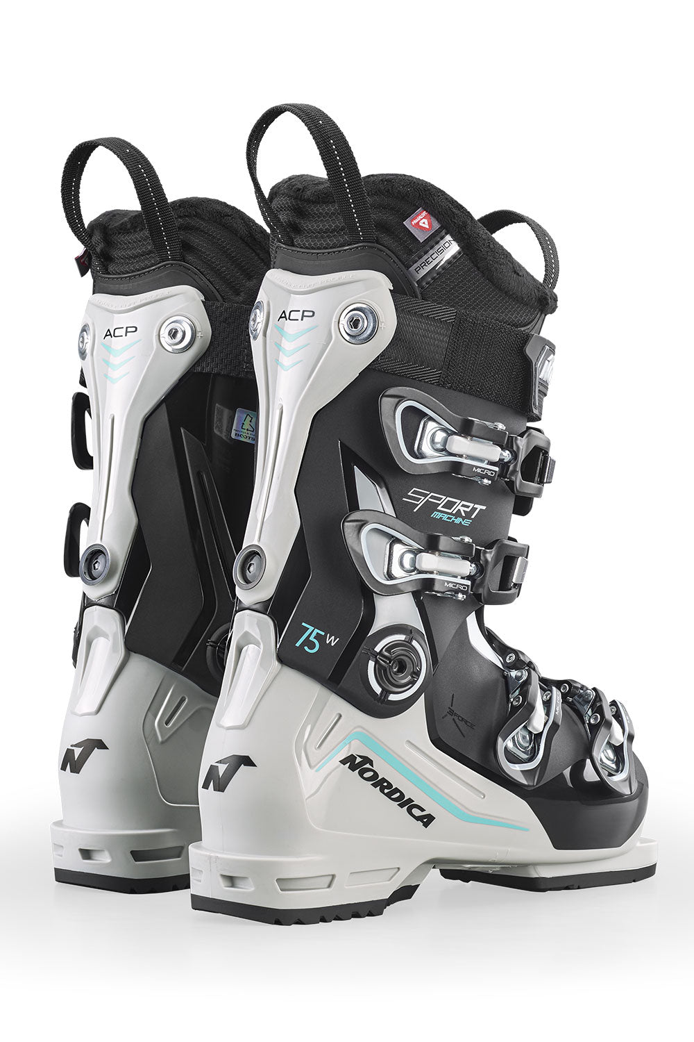 Pair of white and black ski boots with visible brand logo on a white background