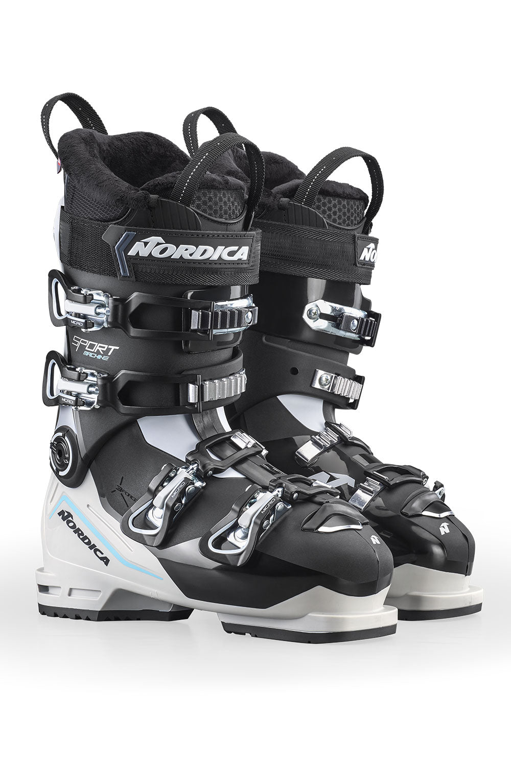 Pair of Nordica ski boots on a white background