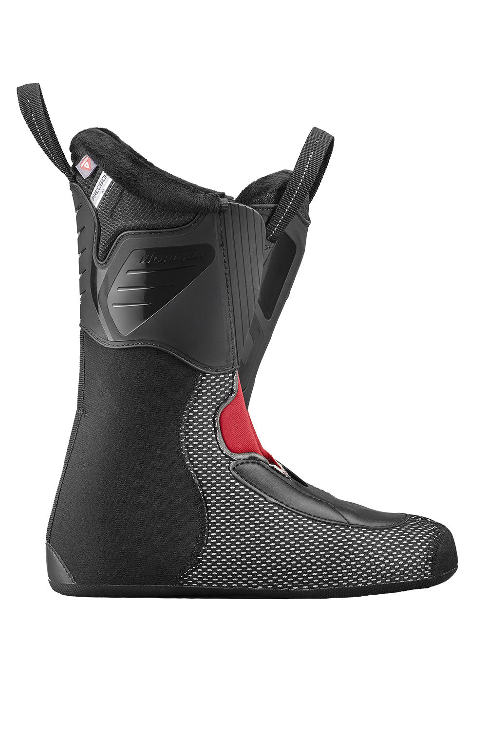 Black ski boot liner with red accents on a white background