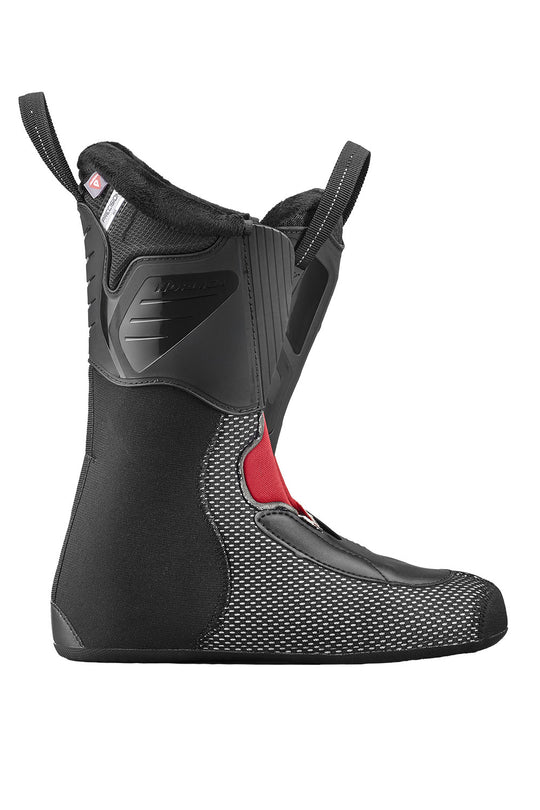 Black ski boot liner with red accents on a white background