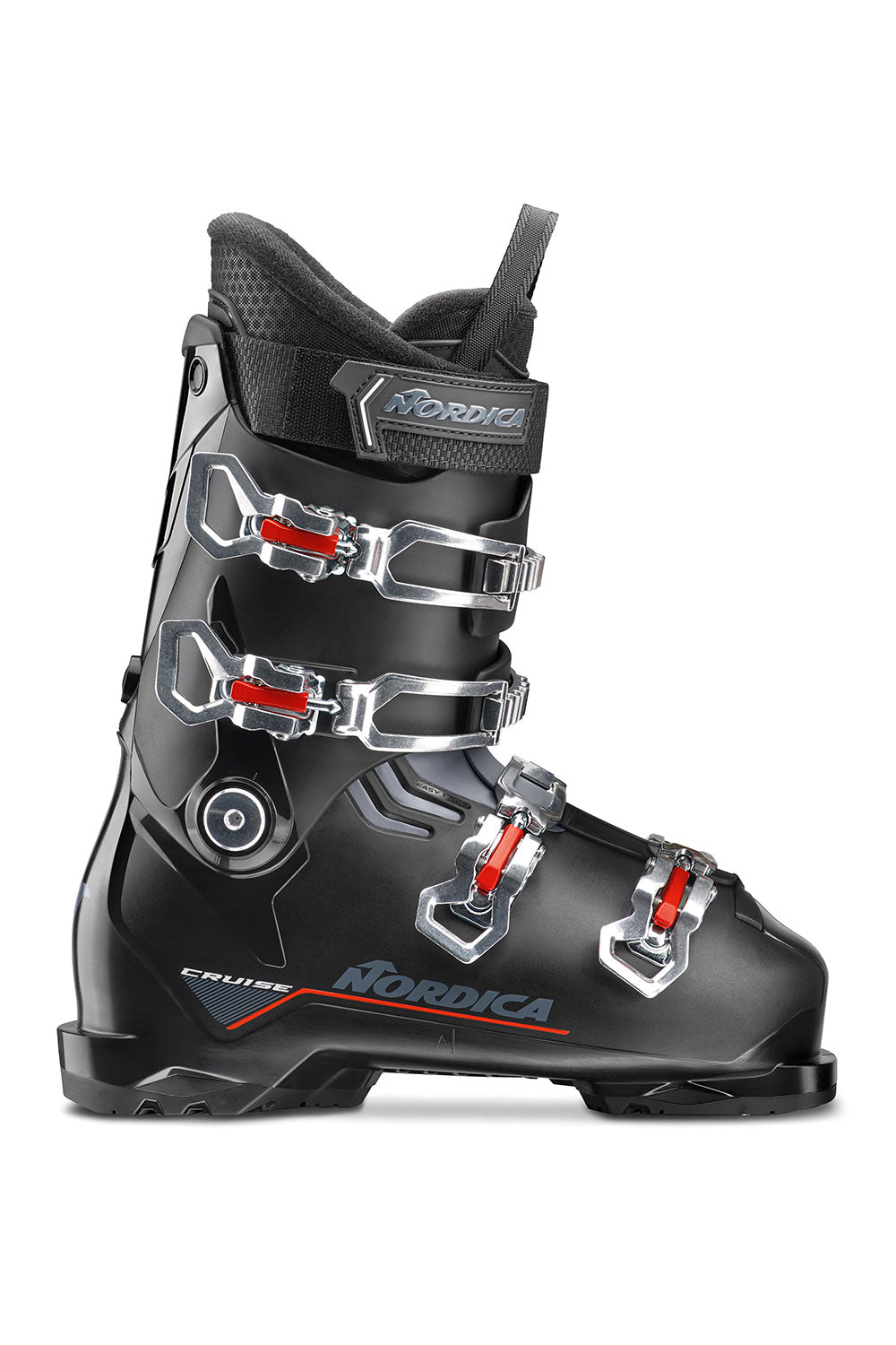 Black Nordica ski boot with visible branding on a white background