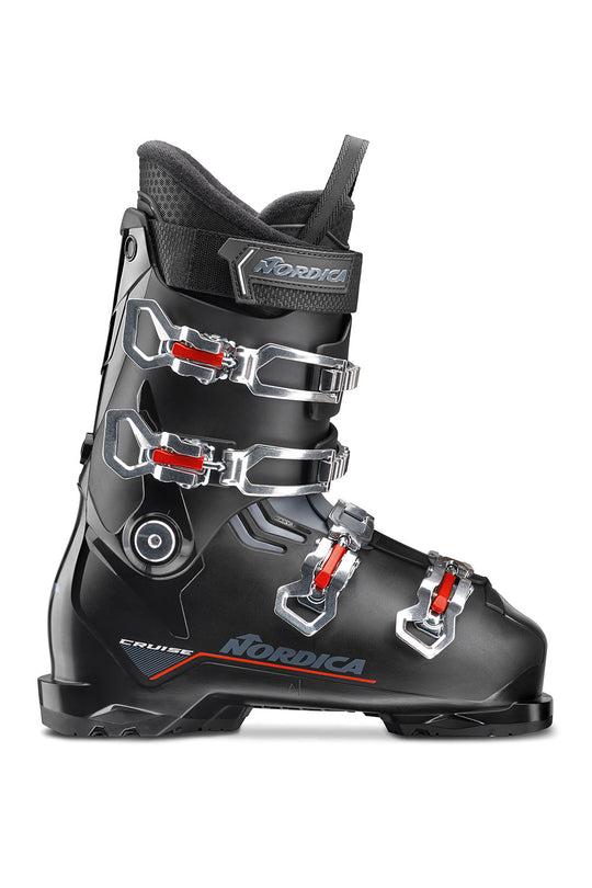 Black Nordica ski boot with visible branding on a white background