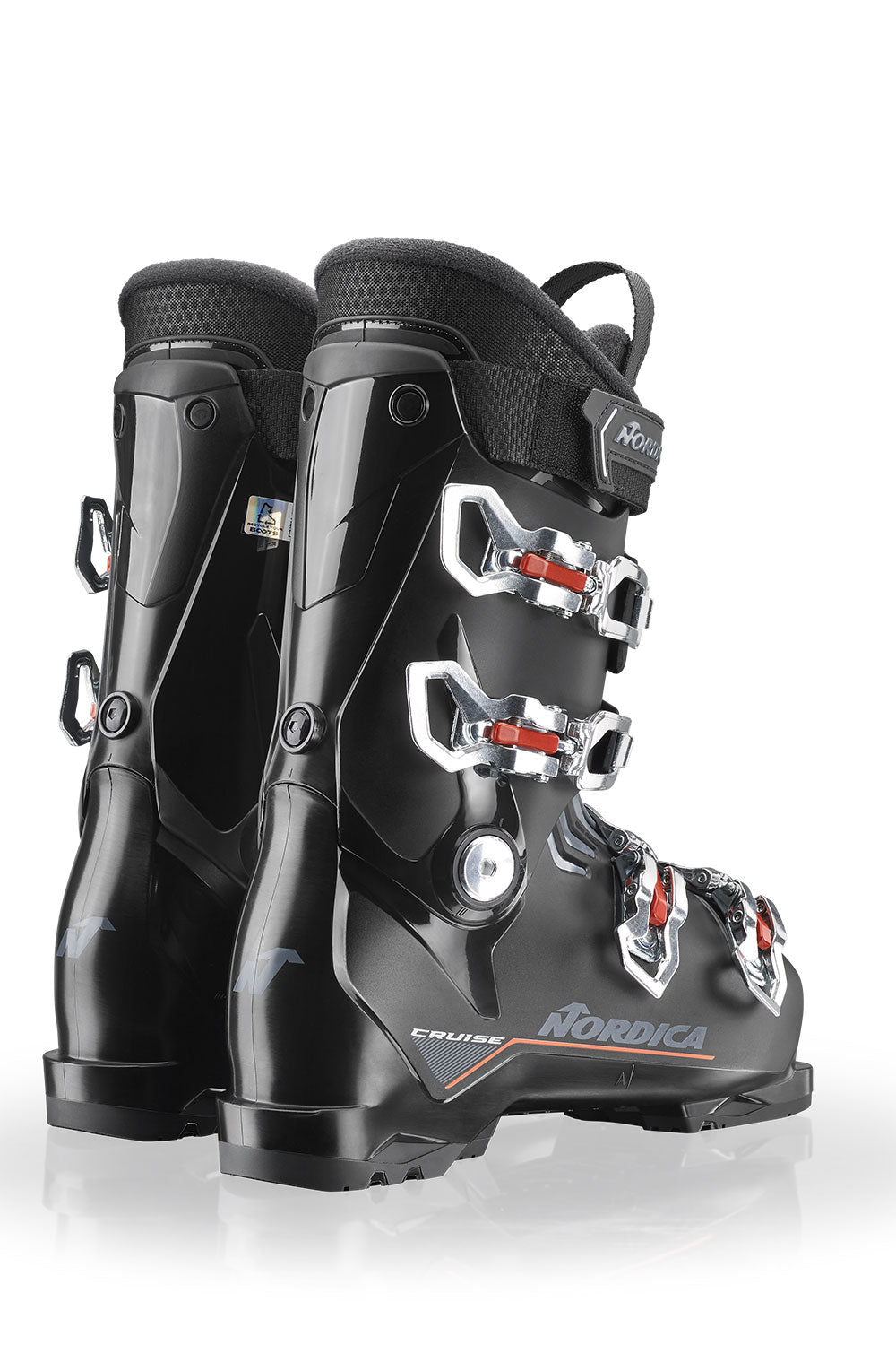 Black ski boots with visible brand logo on a white background