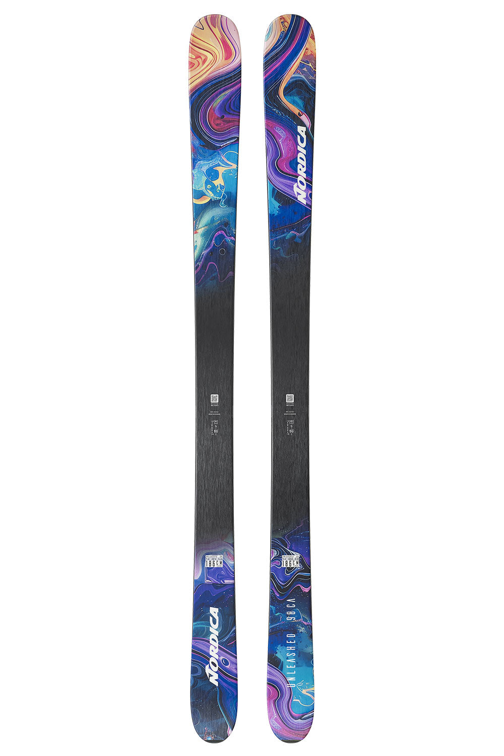 Colorful skis with a brand logo on a white background