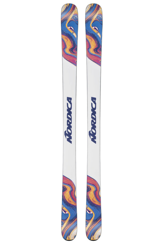 Pair of Nordica skis with colorful design on a white background