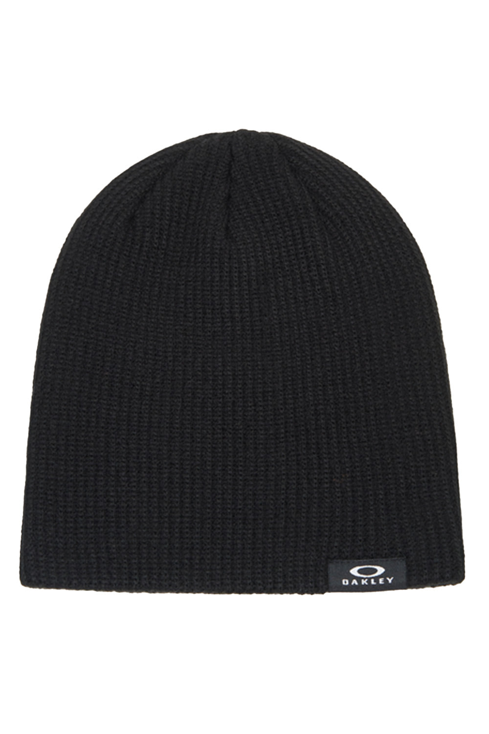 A black waffle-knit beanie hat with a small black Oakley logo patch on the lower right edge, shown against a plain white background.