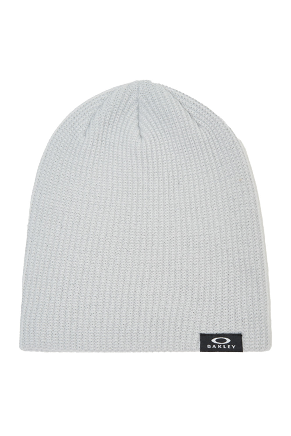 A light gray ribbed knit beanie hat with a small black Oakley logo patch on the lower right edge, shown against a plain white background.