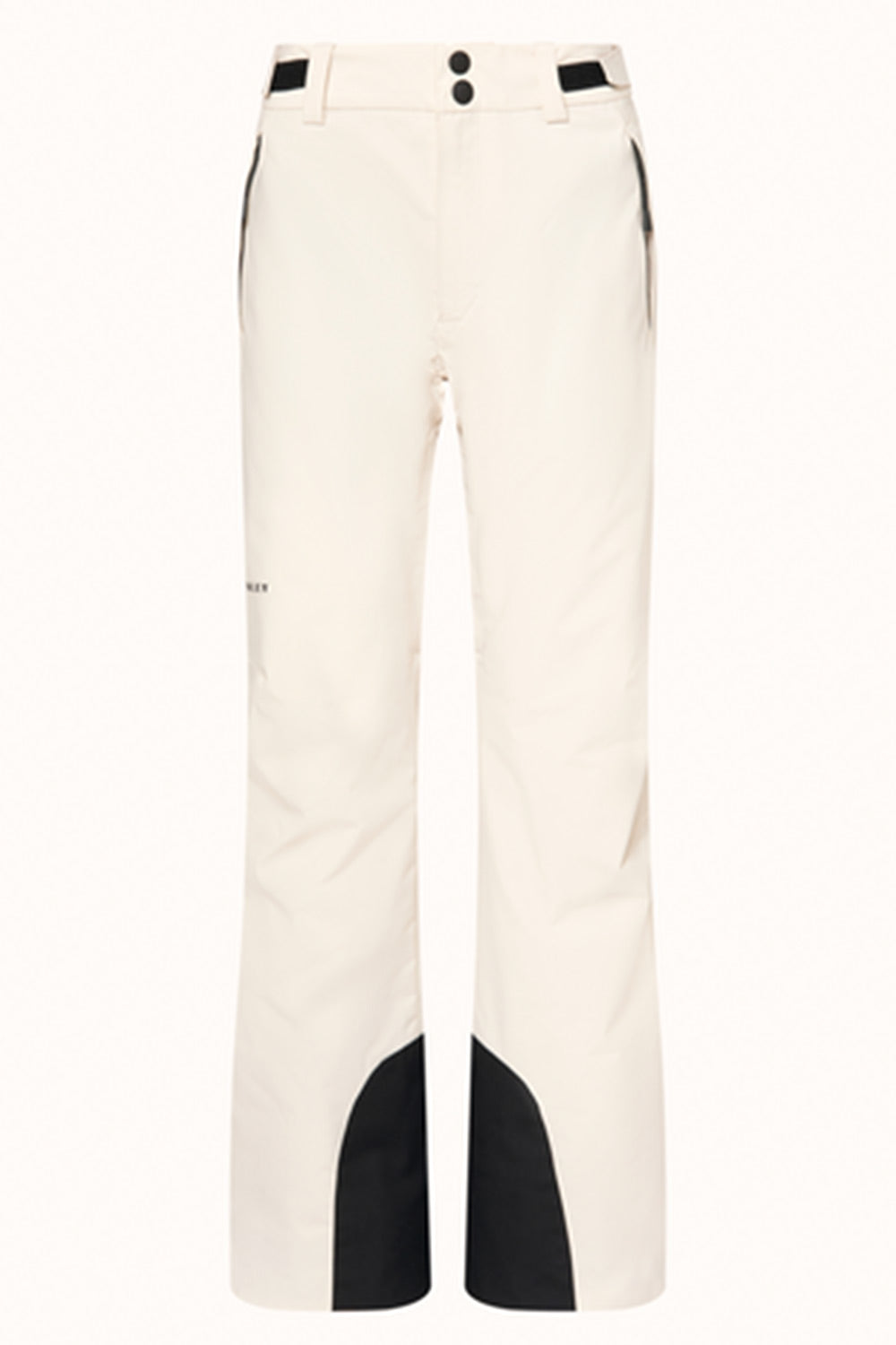 Off-white ski pants with black contrast panels at the lower legs and black accents at the waistband, shown against a plain white background.