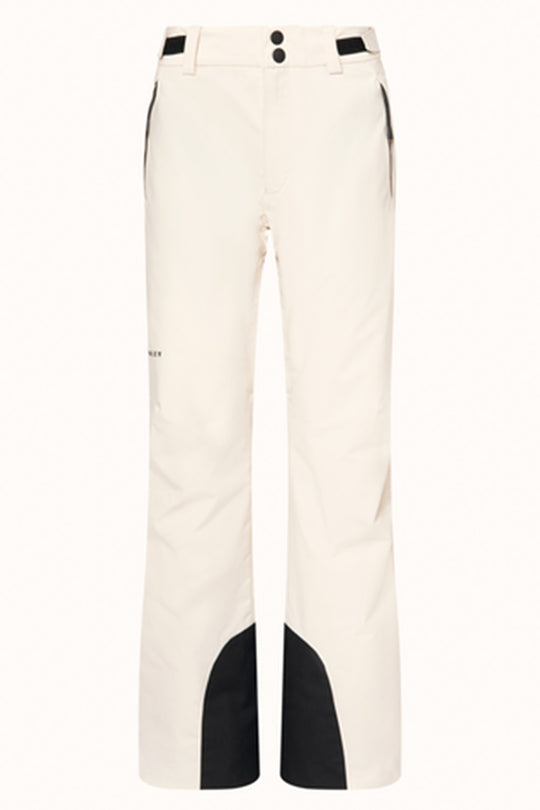 Off-white ski pants with black contrast panels at the lower legs and black accents at the waistband, shown against a plain white background.