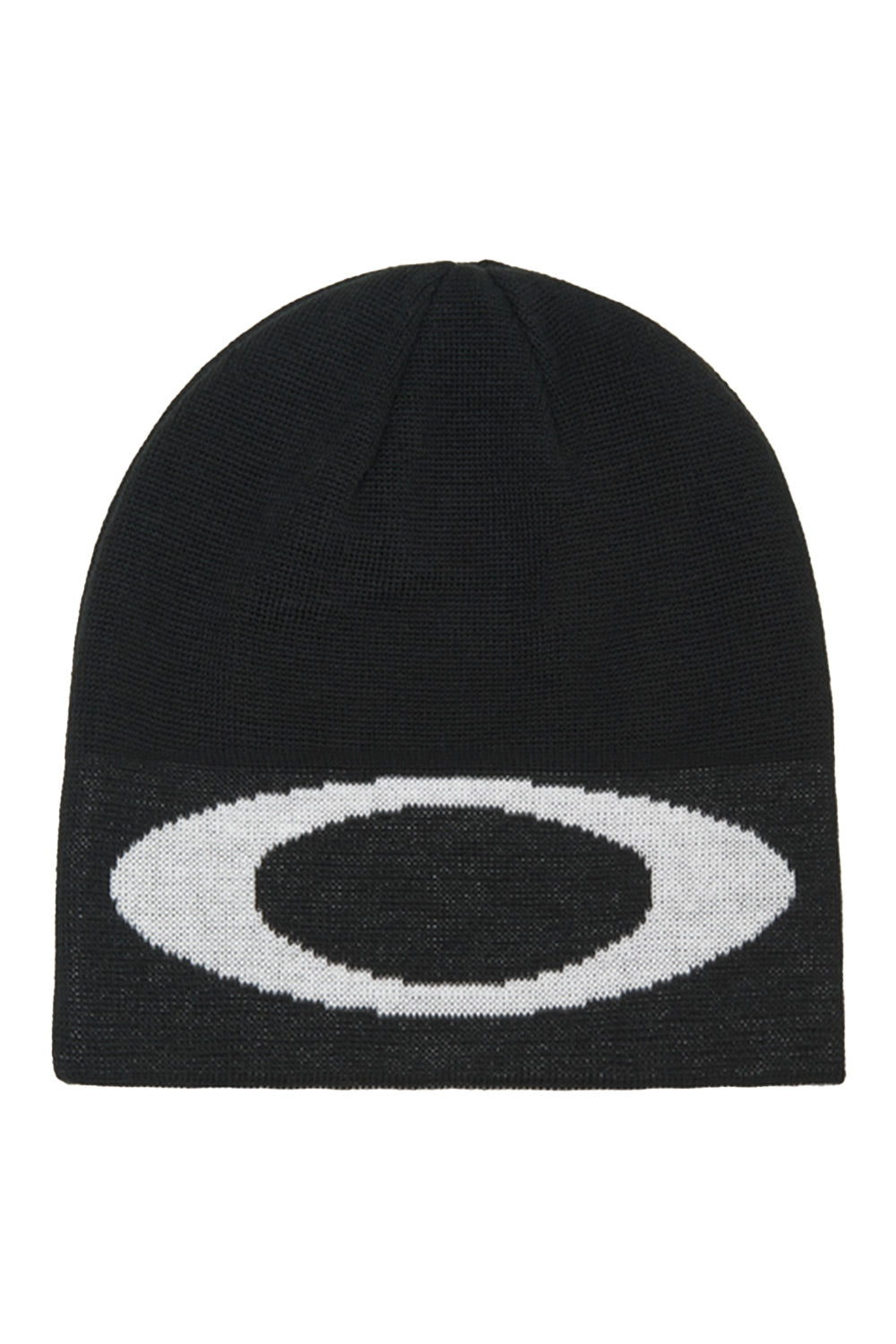A black knit beanie hat featuring a large white knit Oakley logo on the front, set against a plain white background.