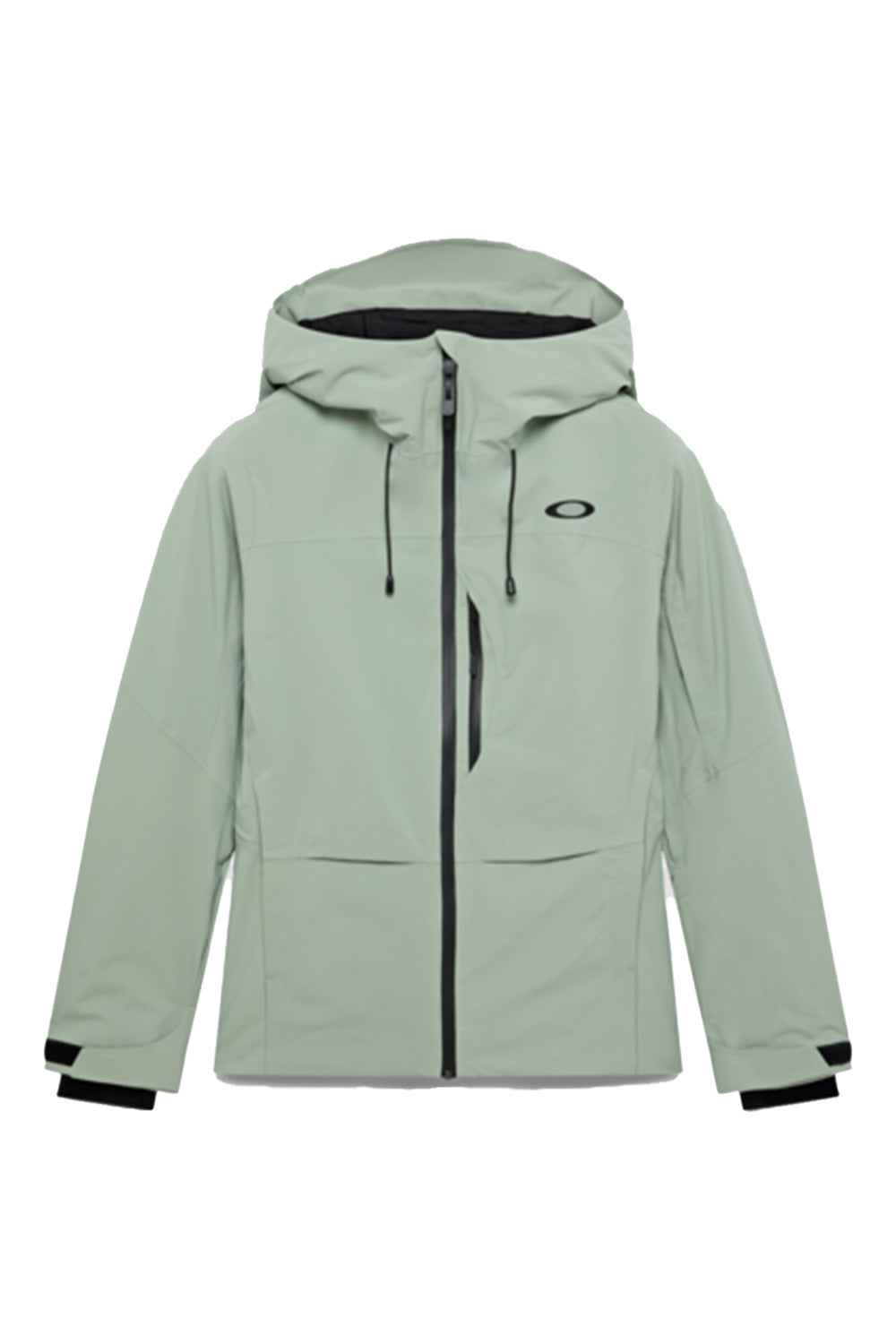 A sage green hooded jacket with black zipper and drawstring details, featuring a small Oakley logo on the left chest, displayed against a solid white background.