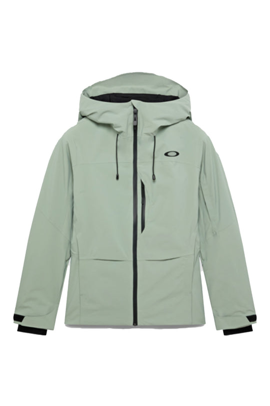 A sage green hooded jacket with black zipper and drawstring details, featuring a small Oakley logo on the left chest, displayed against a solid white background.