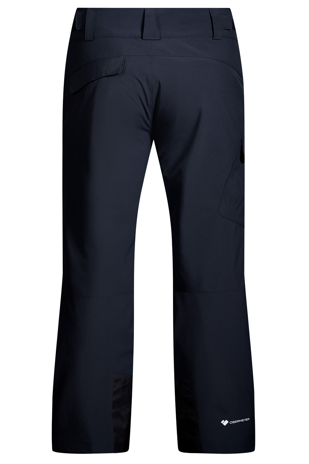 A pair of black technical pants shown from the back, featuring a high waist, belt loops, and a small white logo near the lower left leg, set against a plain white background.