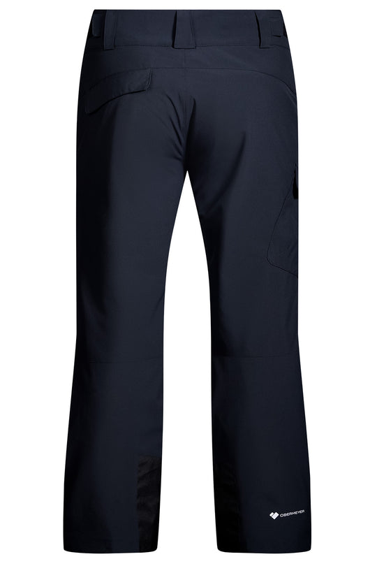 A pair of black technical pants shown from the back, featuring a high waist, belt loops, and a small white logo near the lower left leg, set against a plain white background.
