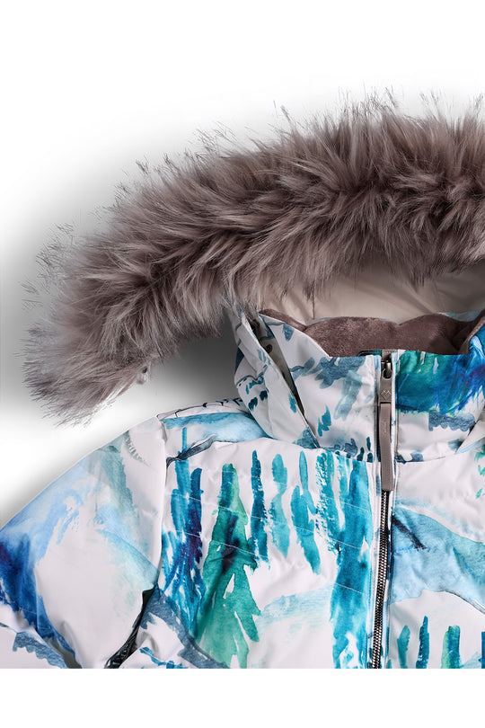 Close-up of a women's winter jacket with a white base, blue and green watercolor-style print, and a fluffy gray faux-fur hood trim.