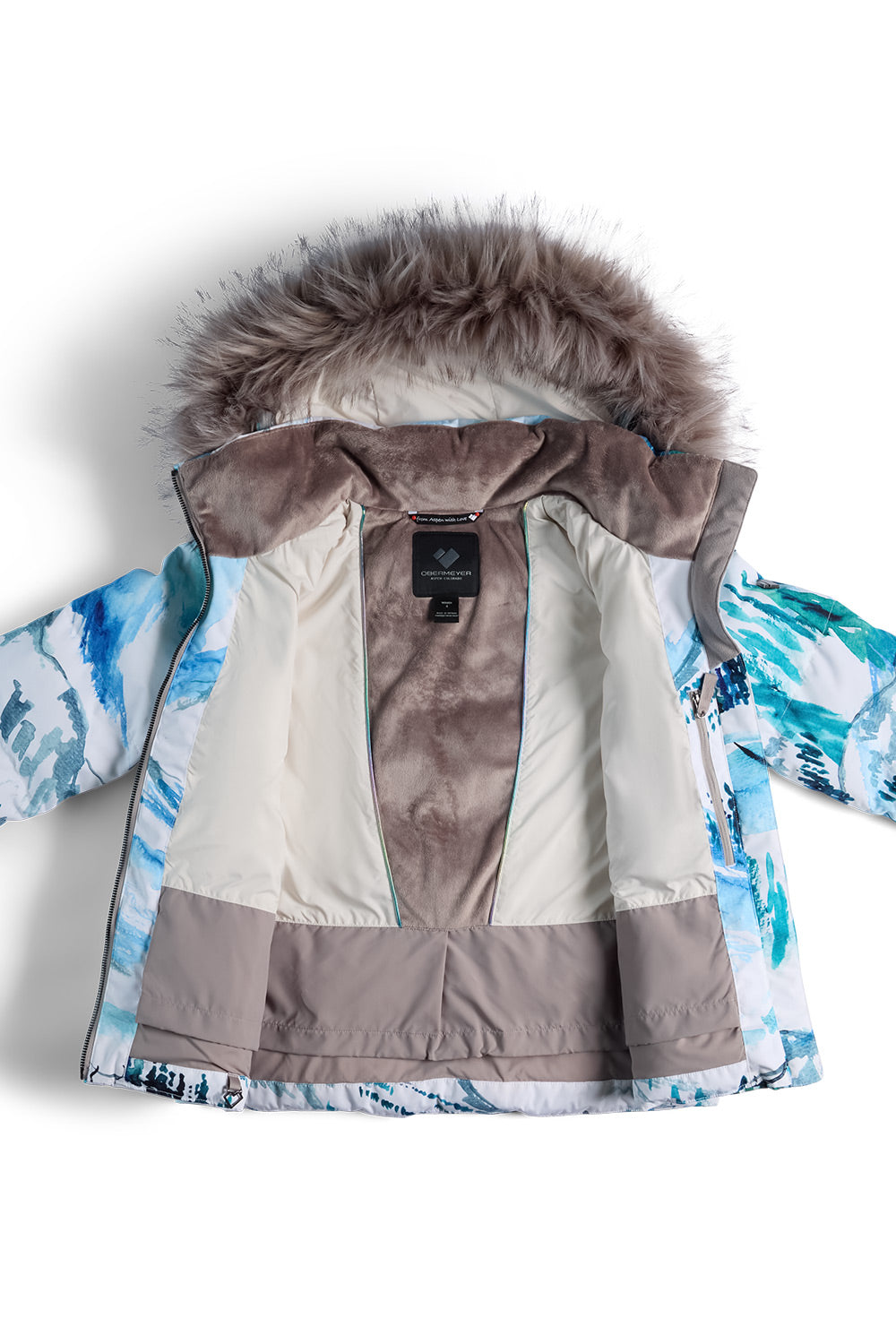 A women's winter parka jacket with a faux-fur trimmed hood, featuring a blue and white watercolor print on the sleeves and hem, a taupe-brown faux-fur hood, and a cream-colored quilted center panel.