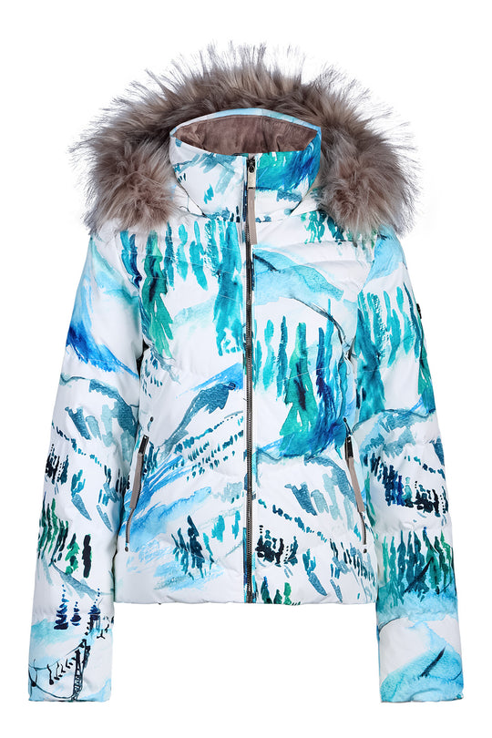 A women's puffer jacket featuring a watercolor-style winter landscape print in shades of blue, teal, and white, complete with a brown faux-fur trimmed hood, shown against a plain white background.