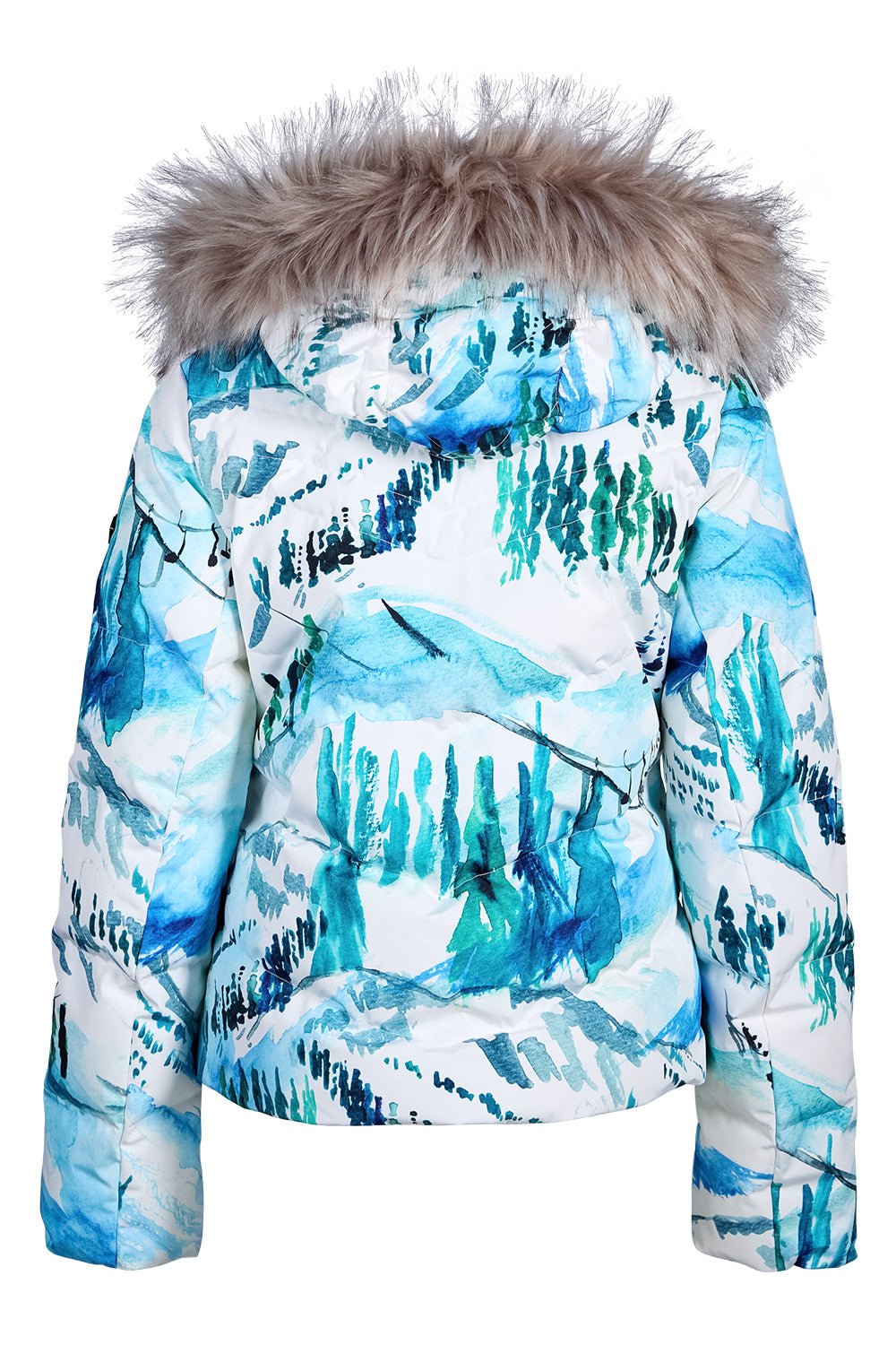 A women's puffer jacket with a watercolor-style winter landscape print in shades of blue, teal, and white, featuring a faux-fur trimmed hood.