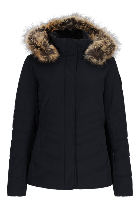 Black winter jacket with fur-lined hood on a white background