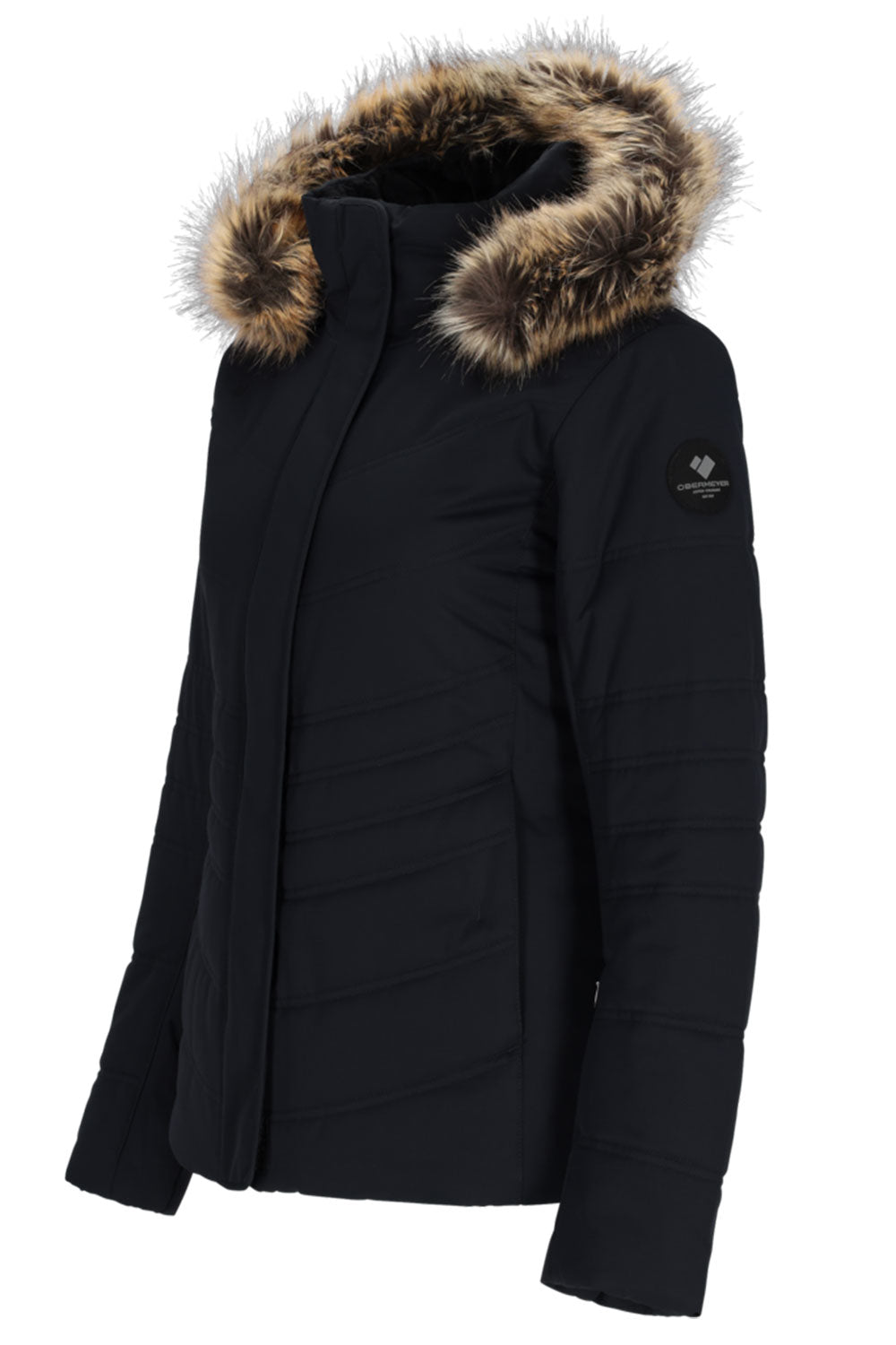 Black jacket with fur-lined hood on a white background