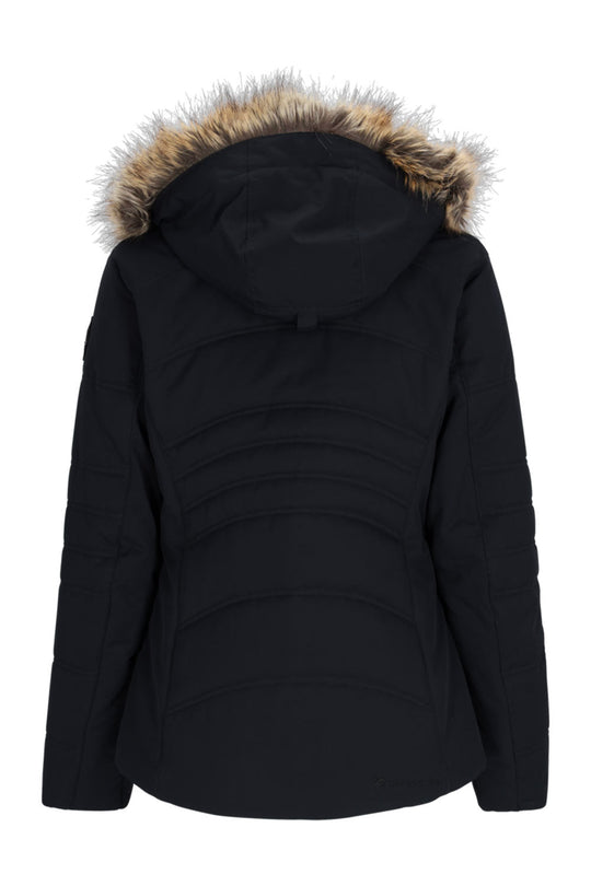 Black winter jacket with fur-lined hood on a white background