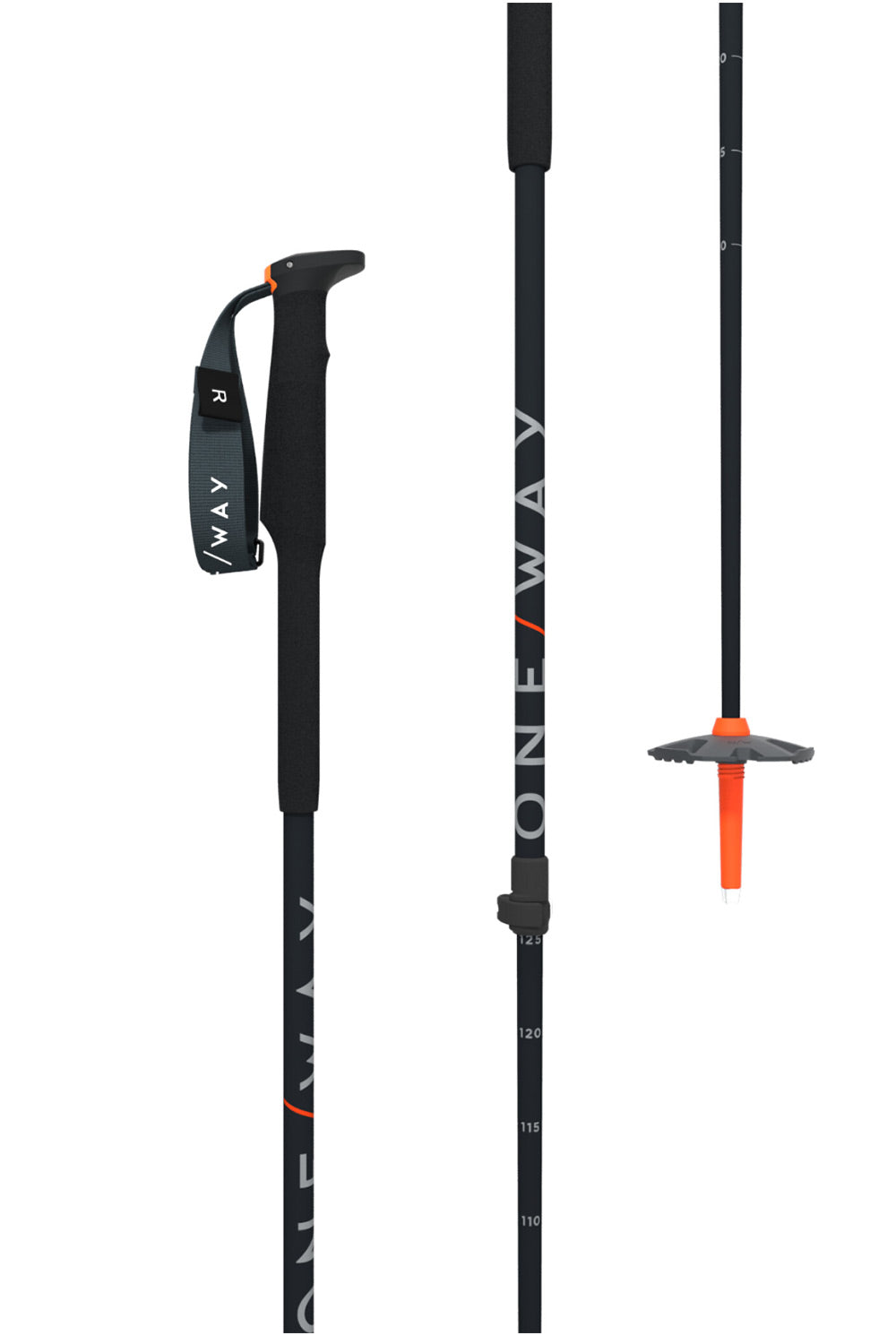 Three views of a black One Way ski touring pole on a white background, showing the handle, shaft, and tip.