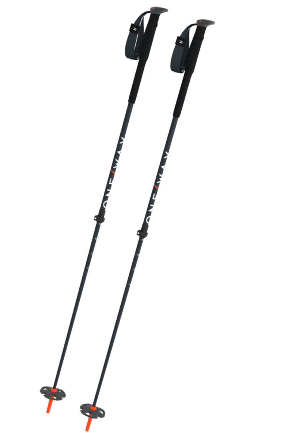 A pair of dark grey ski poles with white branding text and small orange accents, displayed against a solid white background.
