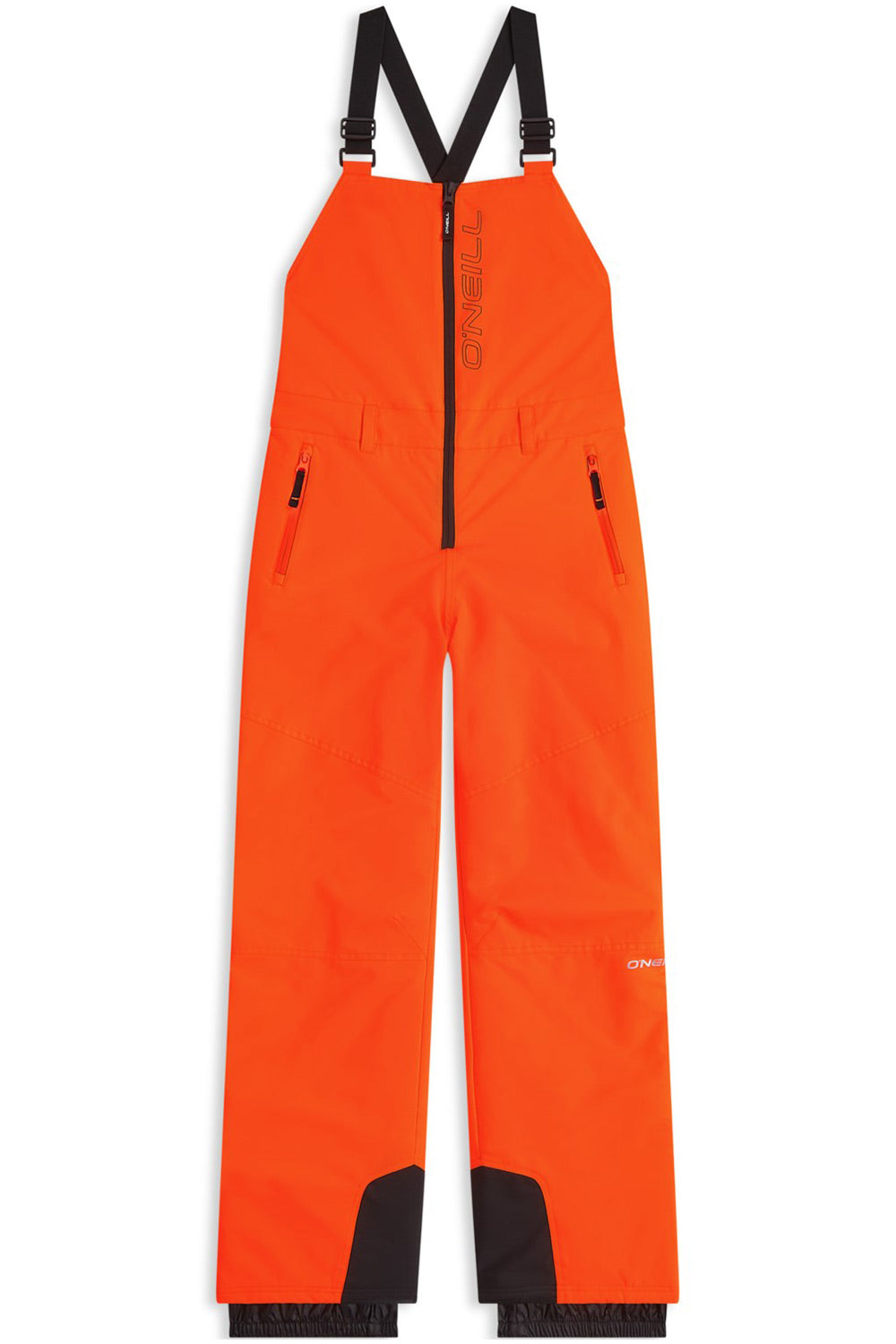 Bright orange ski bib pants with black suspenders, a black front zipper, and black reinforced knee and cuff areas, shown flat against a white background.