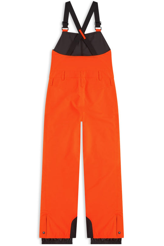 Bright orange bib snow pants with black suspenders and black trim details, shown flat against a white background.