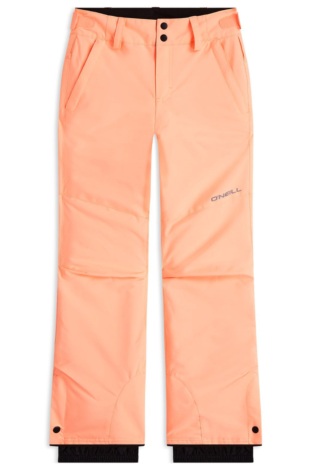 A pair of peach-colored ski pants with black cuffs and a small gray 'O'Neill' logo on the left thigh, shown against a plain white background.