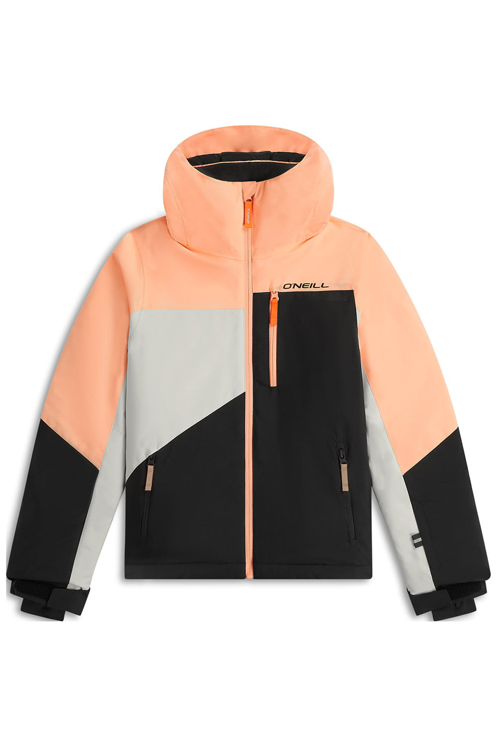 A color-blocked ski jacket by O'Neill, featuring a peach-colored upper body and hood, a light gray diagonal chest panel, and a black lower body and sleeves, with a central orange zipper.