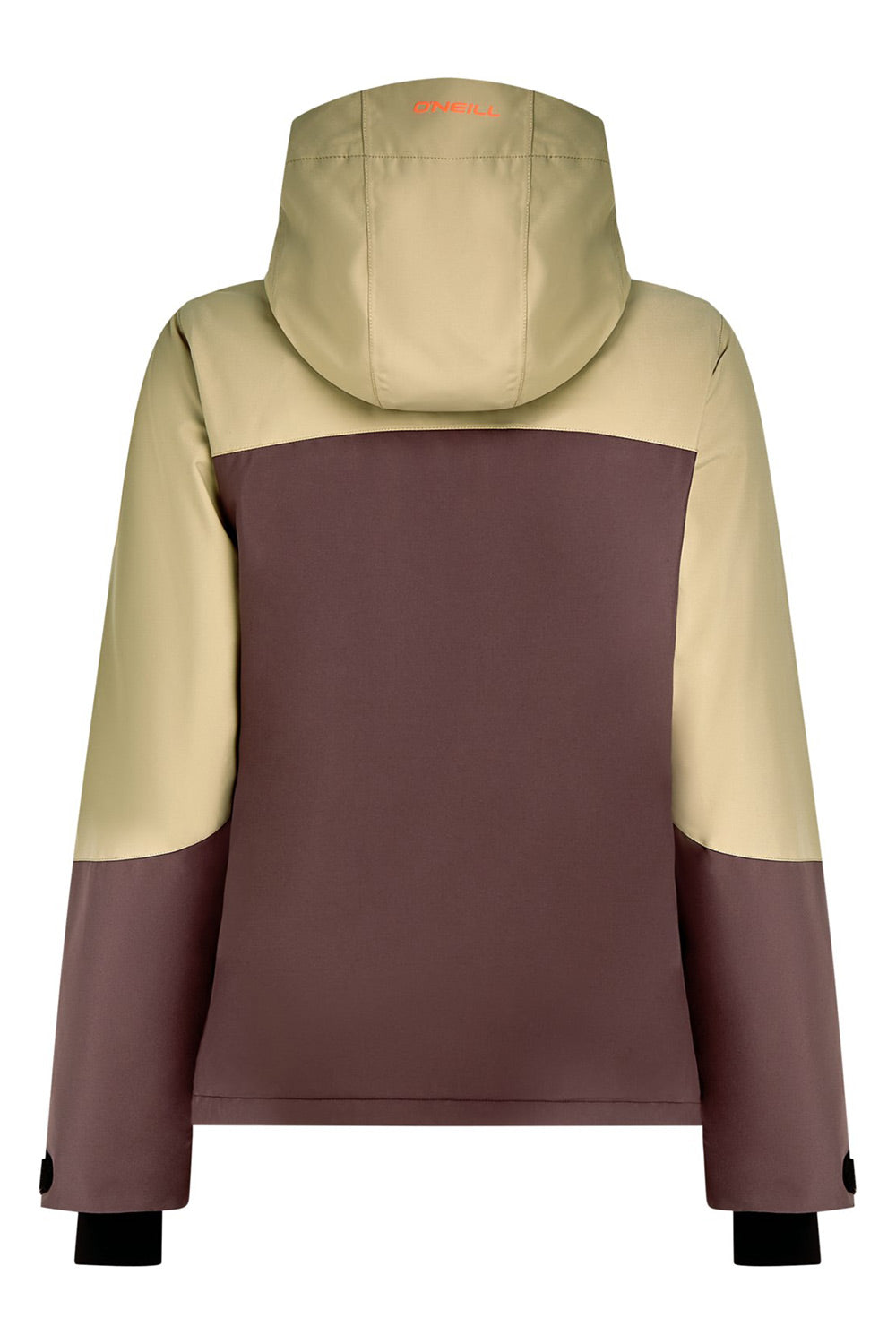 A color-blocked hooded jacket shown from the back, featuring a large dark brown central panel with beige sleeves and hood, and dark brown lower sleeves, on a plain white background.