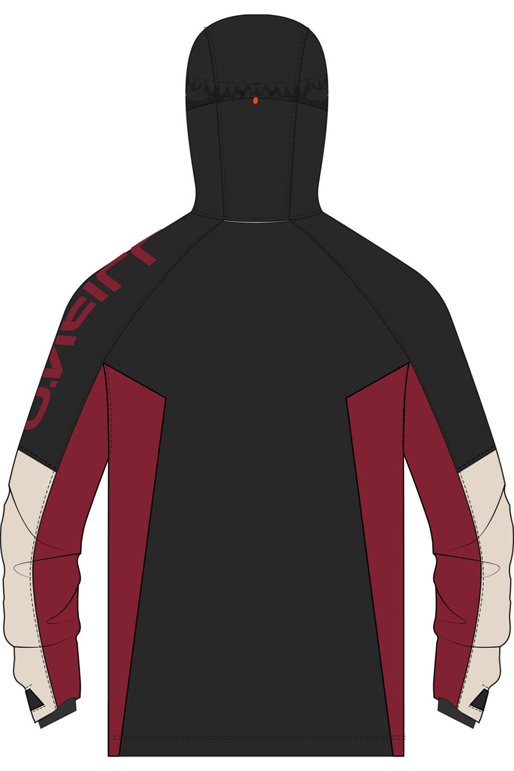 A technical hooded jacket shown from the back, featuring a black body with deep burgundy side panels and sleeves, and off-white cuffs. The brand name 'O'Neill' is printed vertically in burgundy on the right shoulder.