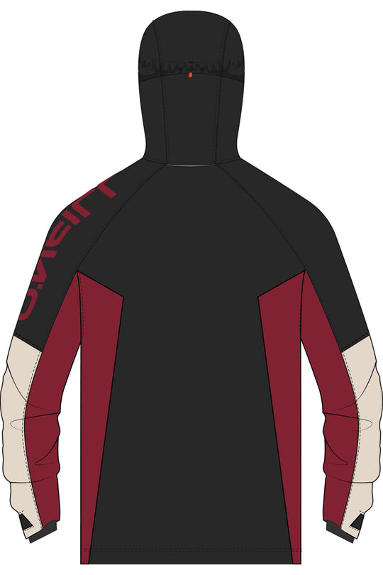A technical hooded jacket shown from the back, featuring a black body with deep burgundy side panels and sleeves, and off-white cuffs. The brand name 'O'Neill' is printed vertically in burgundy on the right shoulder.