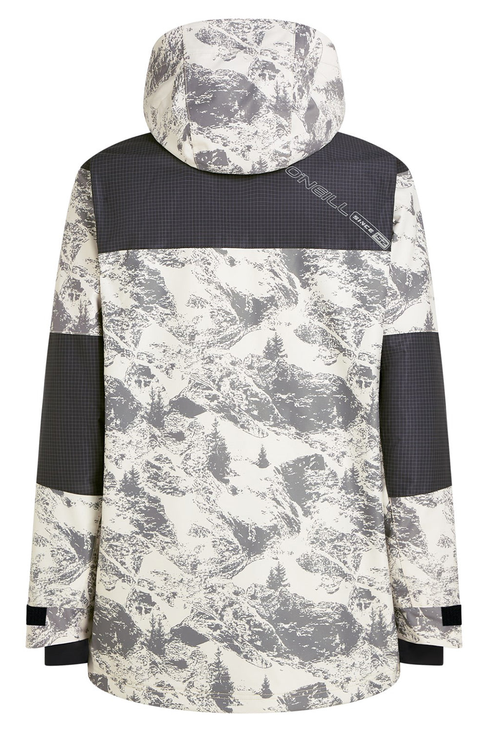 Back view of a ski jacket featuring a gray and white mountain snowboard print, dark gray grid-patterned shoulder yoke, and dark gray sleeve patches on a white background.