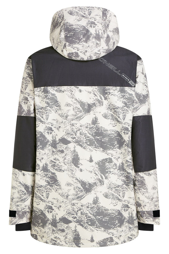 Back view of a ski jacket featuring a gray and white mountain snowboard print, dark gray grid-patterned shoulder yoke, and dark gray sleeve patches on a white background.