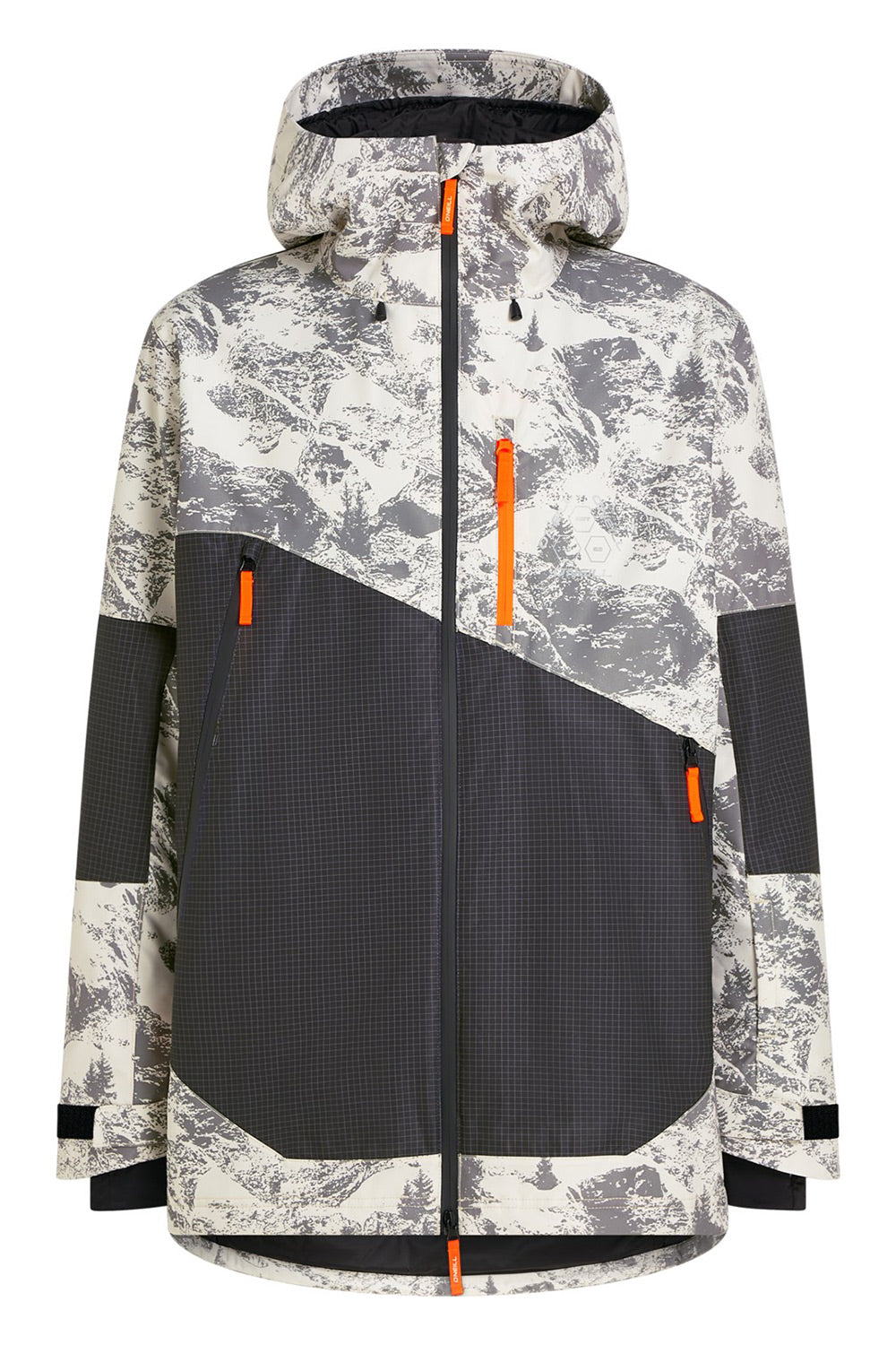 A hooded technical ski jacket with a gray and off-white mountain camouflage pattern on the upper section, combined with solid dark gray textured panels on the lower front and sleeves, accented by bright orange zipper pulls.