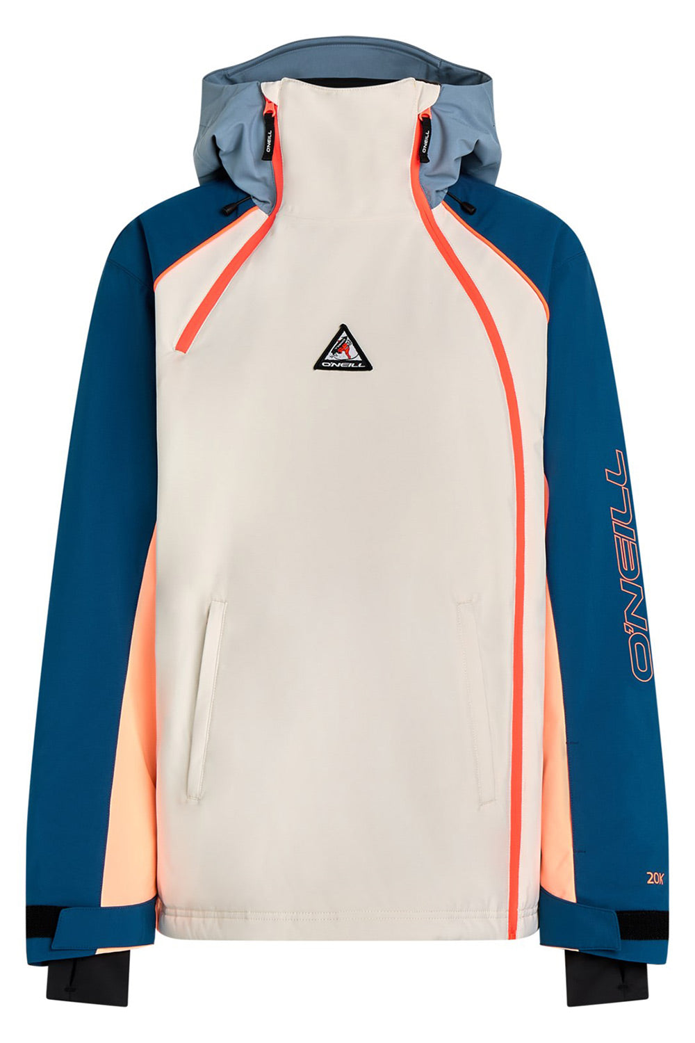 An O'Neill ski jacket in a colorblock design, featuring a cream-colored center body, blue sleeves and hood, and peach-colored side panels, with orange piping details.