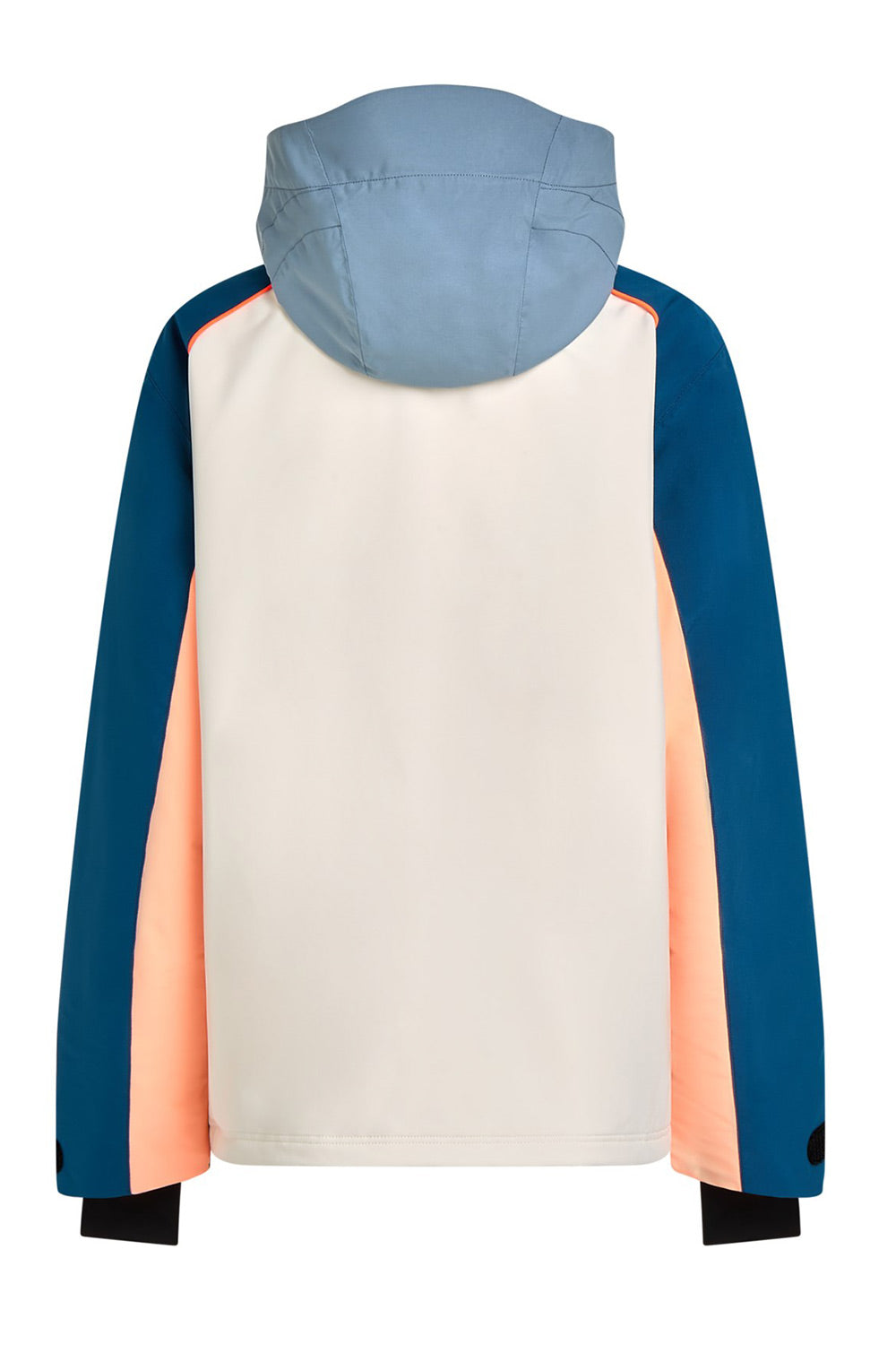 A color-blocked hooded jacket shown from the back, featuring a large off-white center panel, blue sleeves and hood, and peach side panels, set against a plain white background.