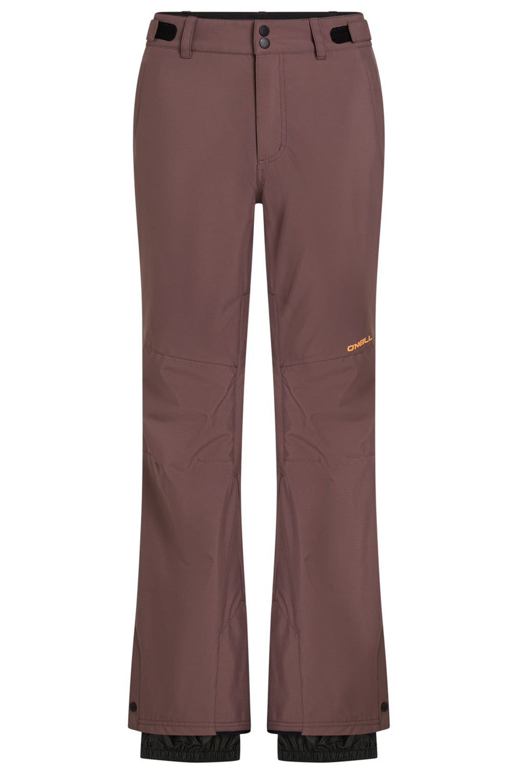 A pair of women's ski pants in a dusty mauve-brown color, featuring a small orange 'O'Neill' logo on the left thigh and black cuff lining.