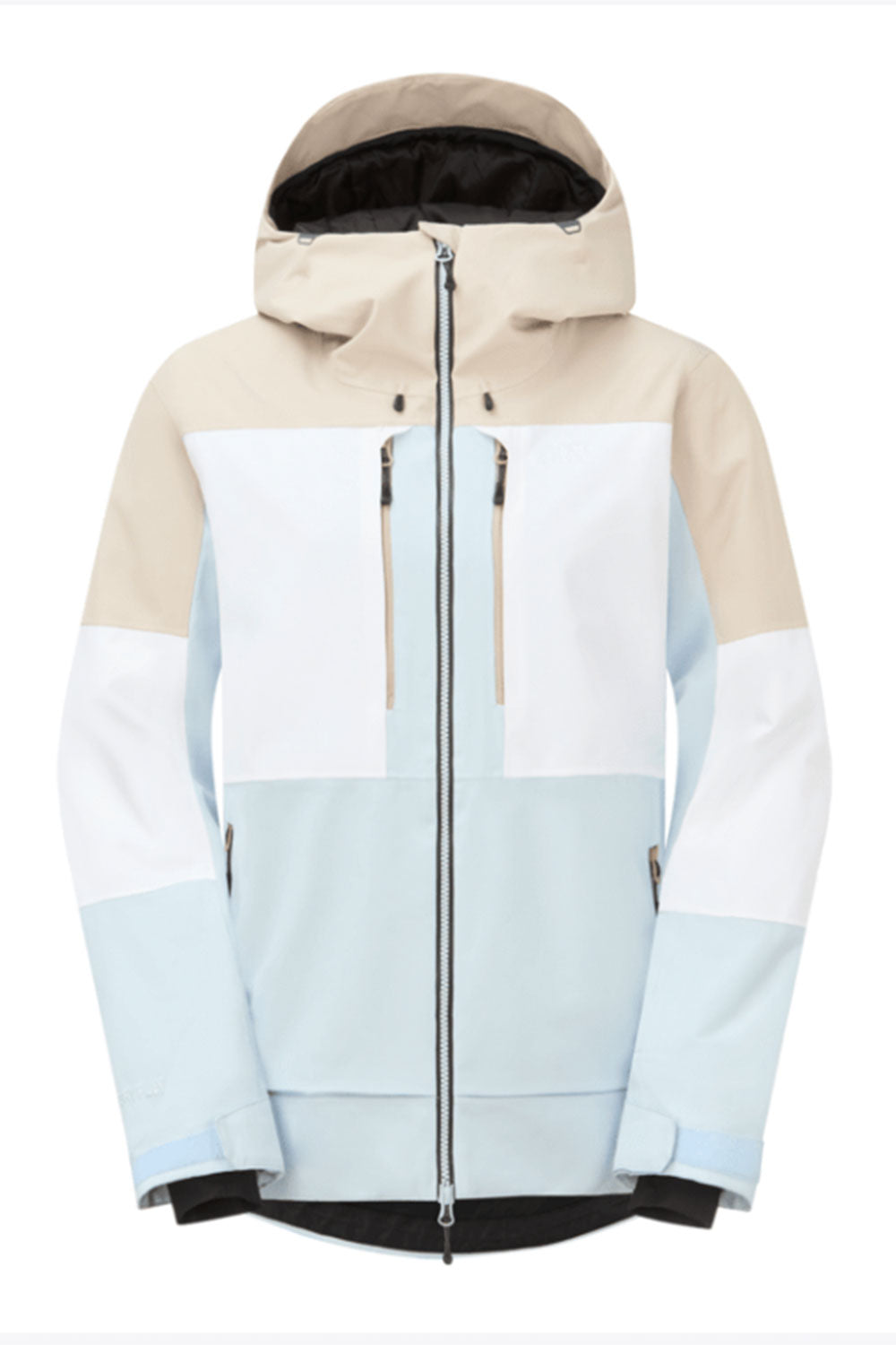 Light blue and beige ski jacket with a hood on a white background